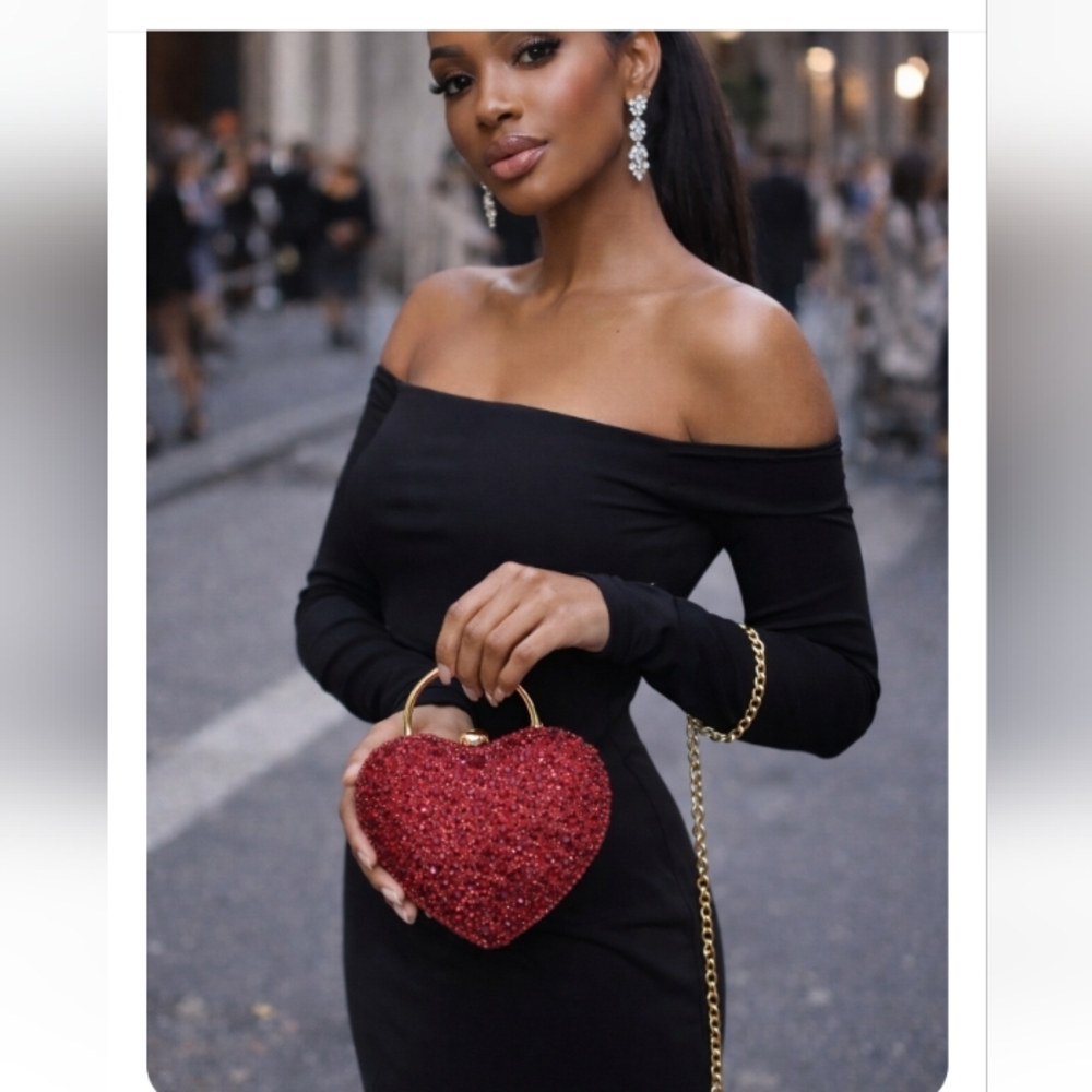 Ramla , Heart-Shaped Red Clutch, Detachable Chain.